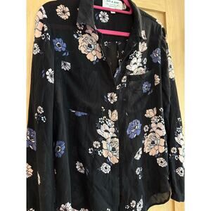 ANTHROPOLOGIE Top Black Floral Button Down Sheer Size Medium